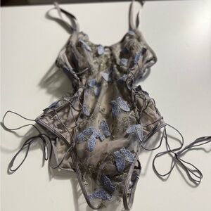 Sheer Bodysuit with Blue Butterfly Embroidery size M
